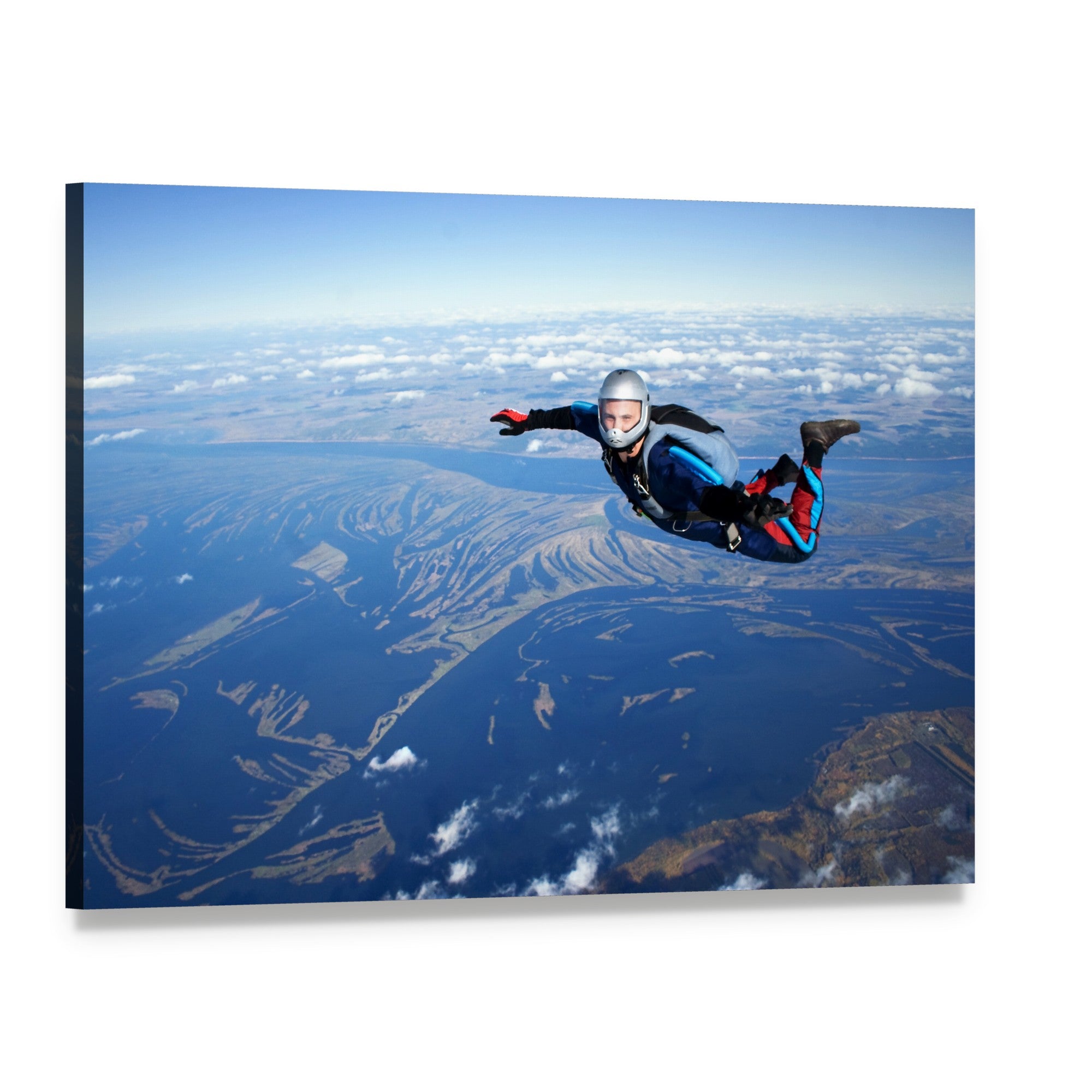 Skydiver Over River Delta Canvas Wall Art, single panel gallery wrapped canvas, angled product view
