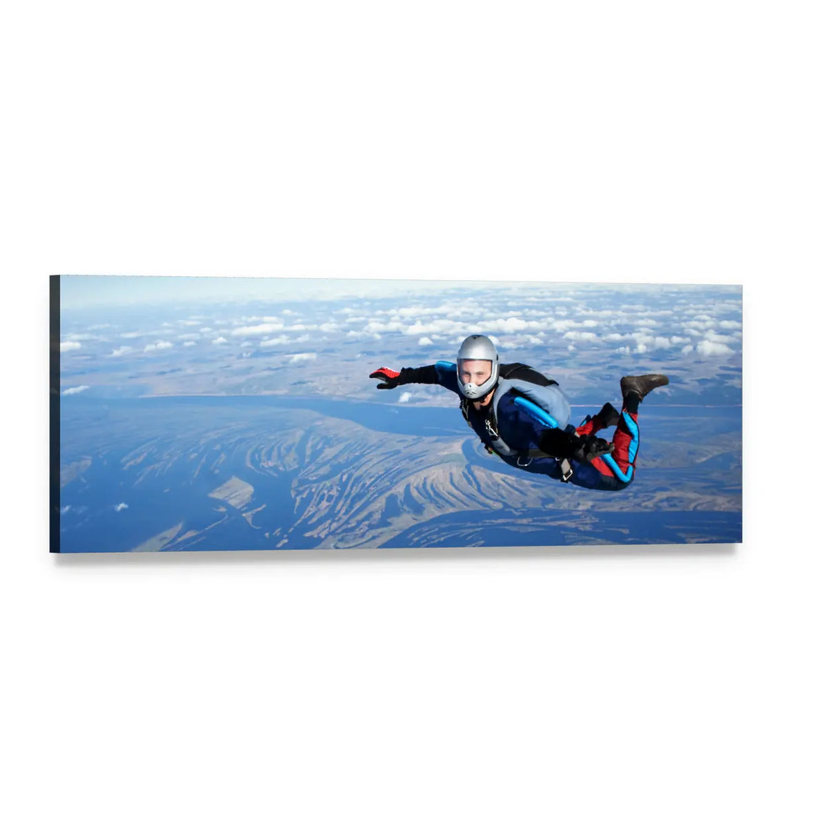 Skydiver Above Winding River Panoramic Canvas Wall Art, single panel gallery wrapped canvas, angled product view
