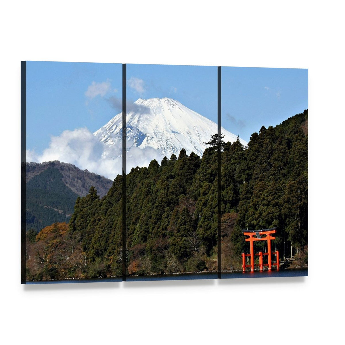 Lake Ashi Japan with Mount Fuji and Torii Gate Canvas Wall Art, 3 panel 3 Horizontal layout gallery wrapped canvas set, angled product view