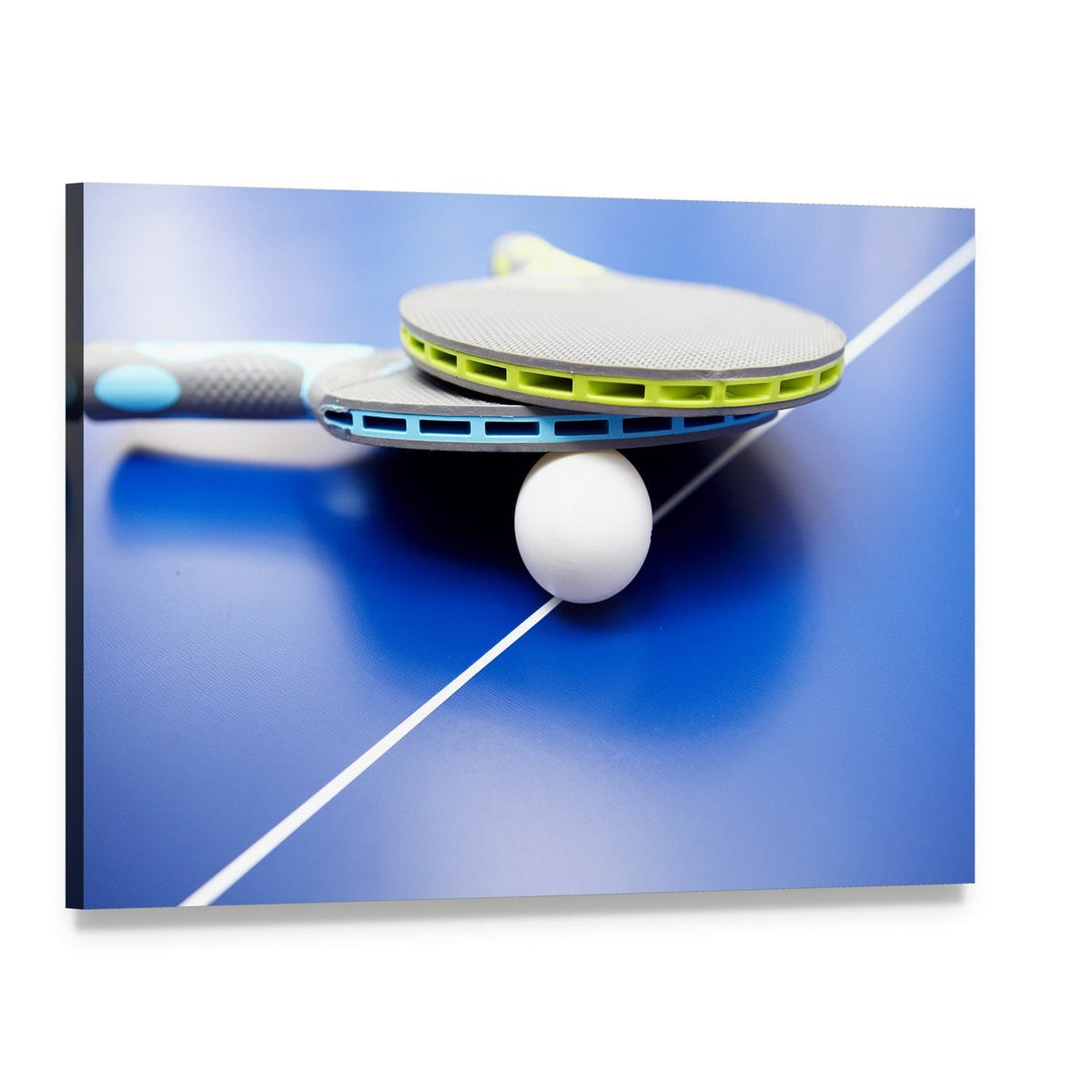 Table Tennis Rackets and Ball on Blue Table Canvas Wall Art, single panel gallery wrapped canvas, angled product view
