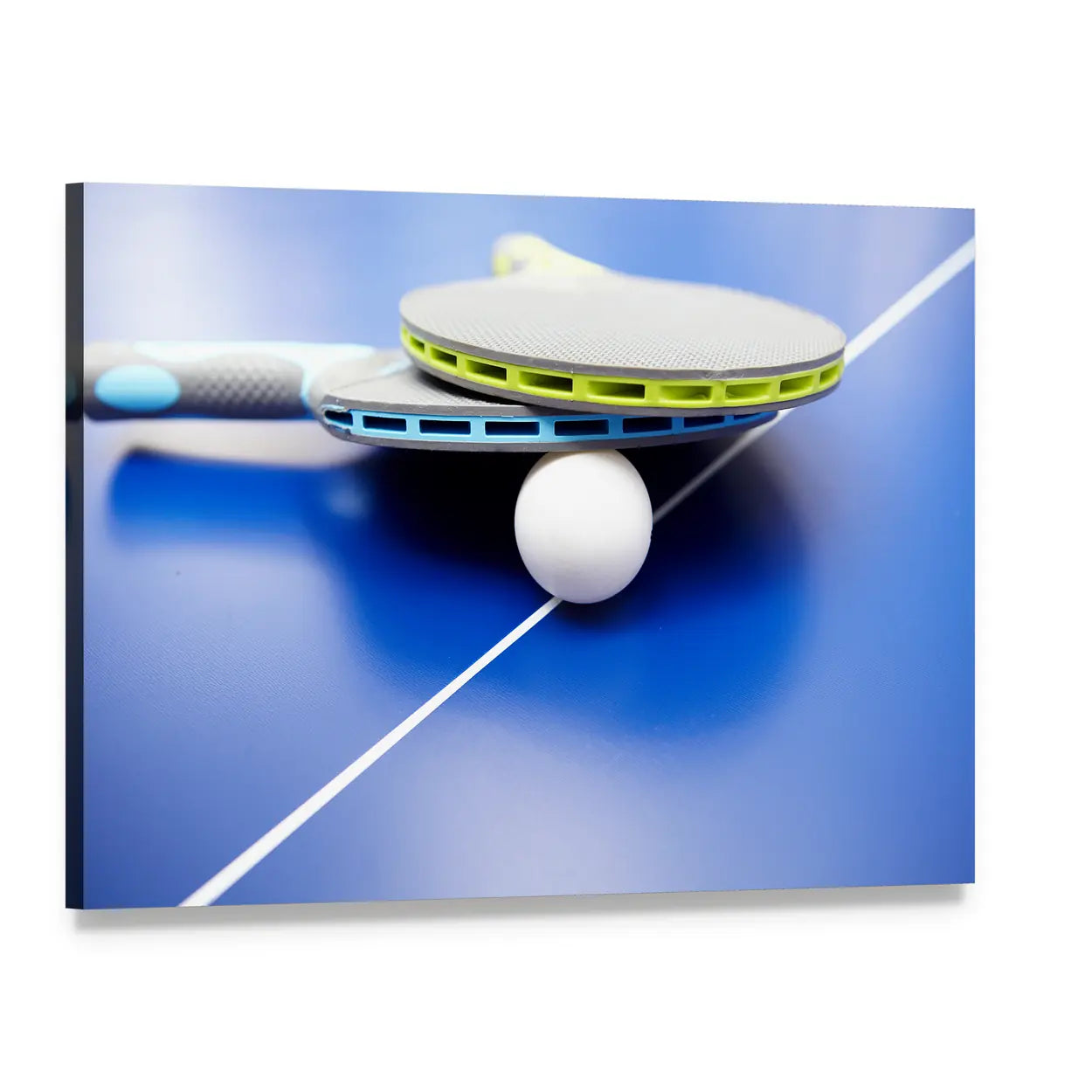 Stacked Table Tennis Paddles on Blue Table Canvas Wall Art, single panel gallery wrapped canvas, angled product view