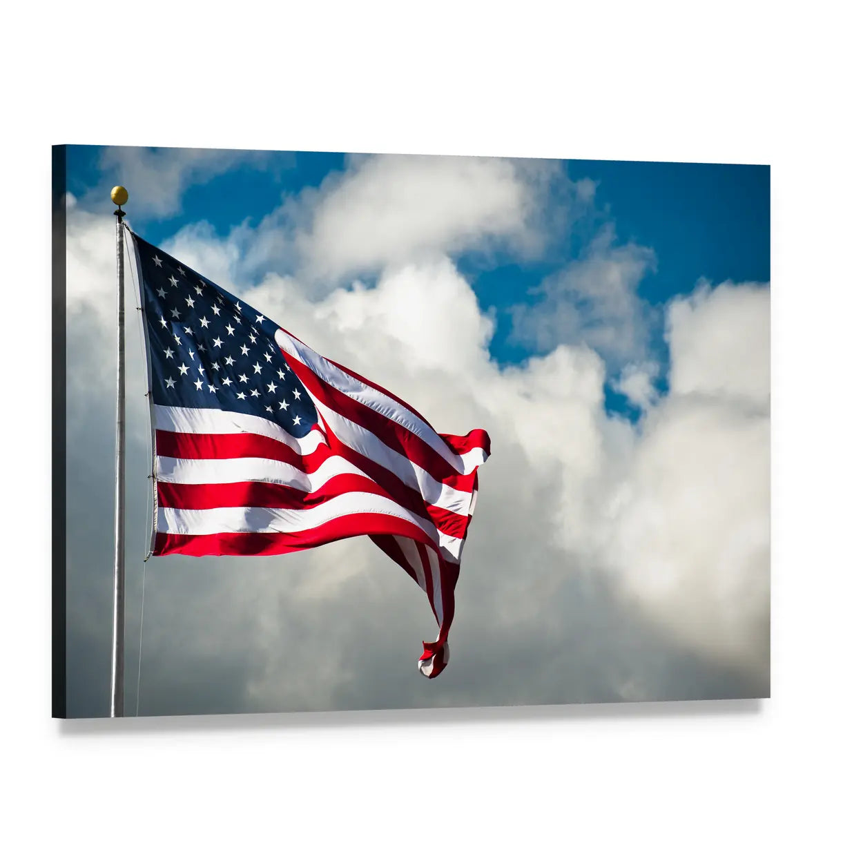 Waving American Flag with Gold Finial Canvas Wall Art, single panel gallery wrapped canvas, angled product view