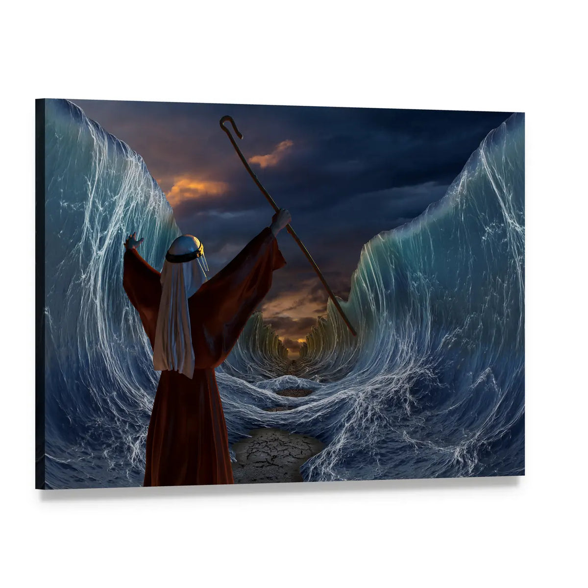 Moses Parting the Sea at Dusk Canvas Wall Art, single panel gallery wrapped canvas, angled product view