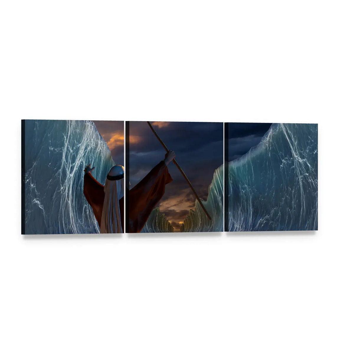 Moses Parting the Red Sea at Sunset Panoramic Canvas Wall Art, 3 panel 3 Piece layout gallery wrapped canvas set, angled product view