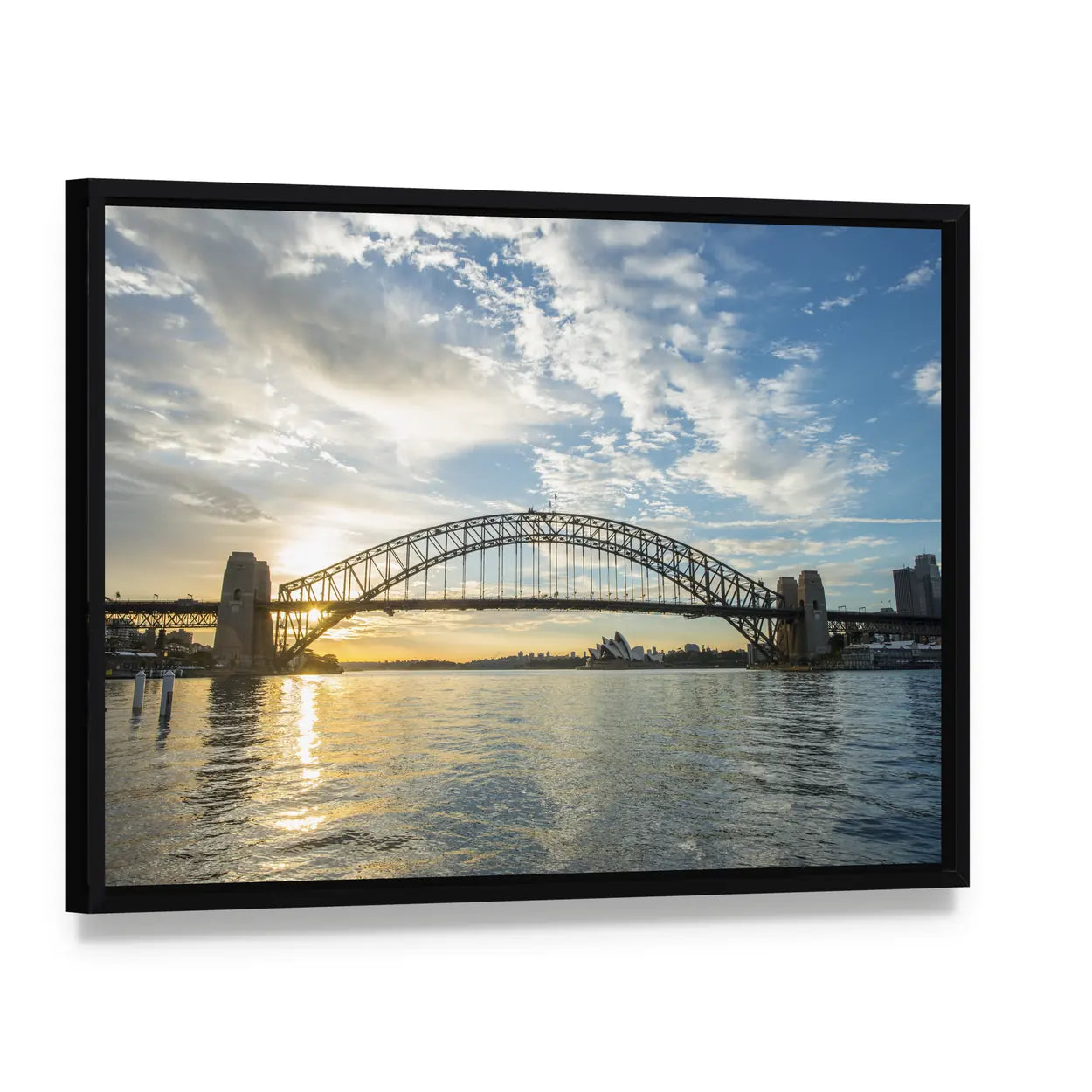 Sunrise Over Sydney Harbour Bridge Canvas Wall Art, framed canvas in a black floater frame, angled product view
