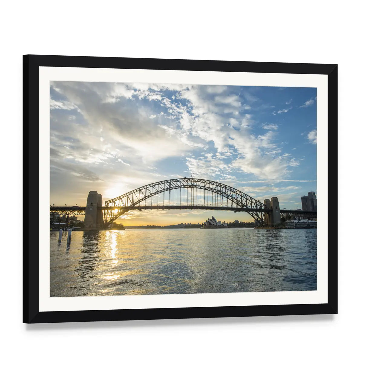 Sunrise Over Sydney Harbour Bridge Canvas Wall Art, framed print with white mat and black frame, angled product view