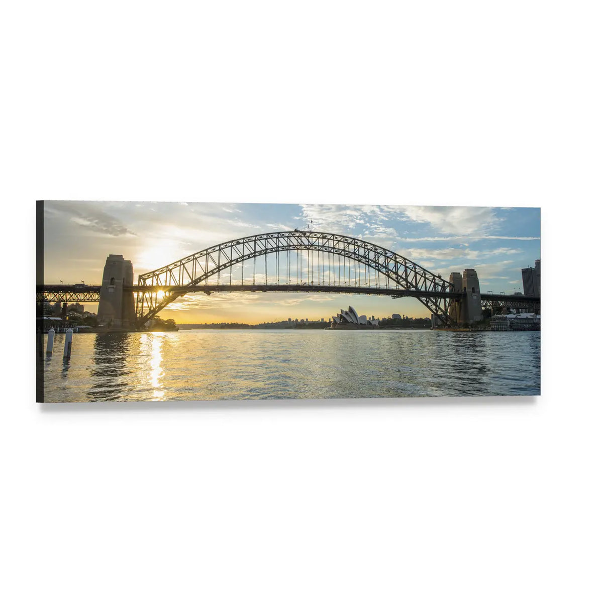 Sydney Harbour Bridge at Sunrise Panoramic Canvas Wall Art, single panel gallery wrapped canvas, angled product view