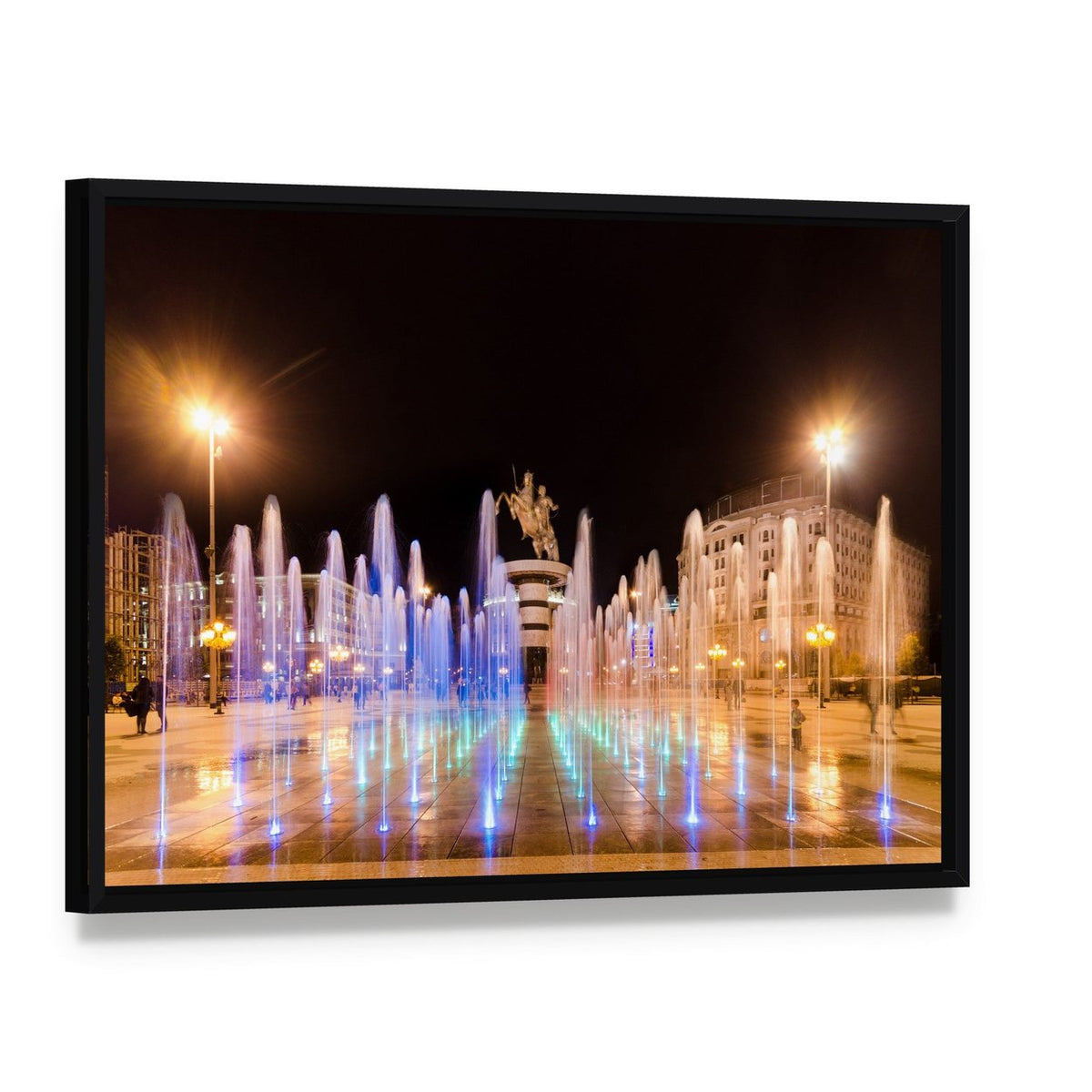 Dancing Fountains in Macedonia at Night Canvas Wall Art, framed canvas in a black floater frame, angled product view