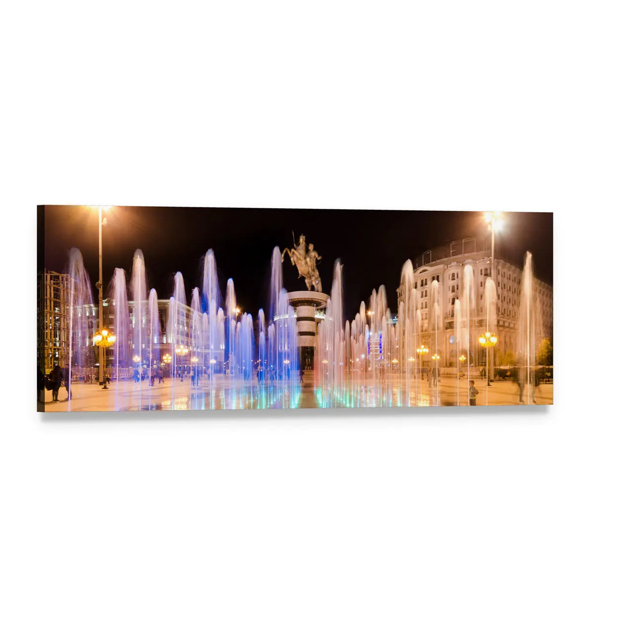 Skopje Square Fountains at Night Panoramic Canvas Wall Art, single panel gallery wrapped canvas, angled product view