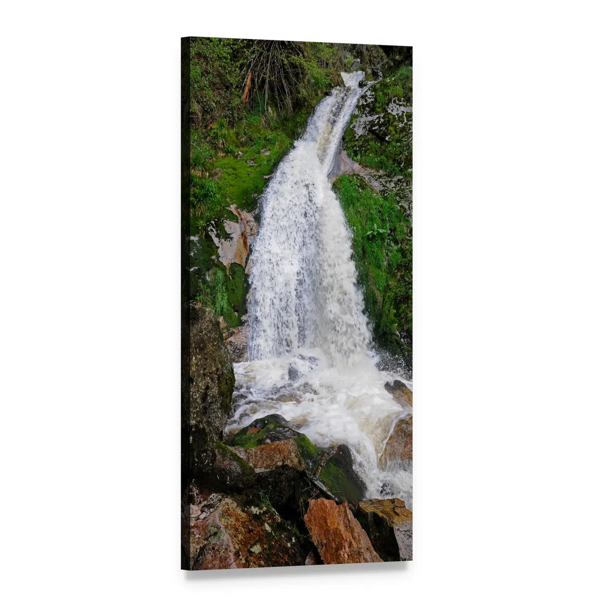 Wild Waterfall in Forest Vertical Canvas Wall Art, 1 panel 1 Vertical layout gallery wrapped canvas set, angled product view