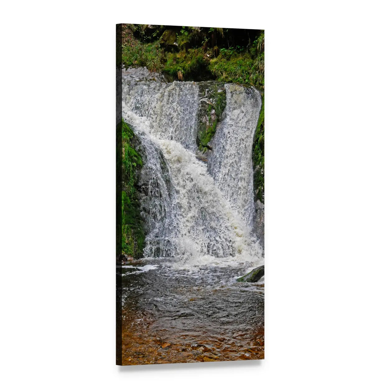Wild Forest Waterfall with Mossy Rocks Vertical Canvas Wall Art, 1 panel 1 Vertical layout gallery wrapped canvas set, angled product view