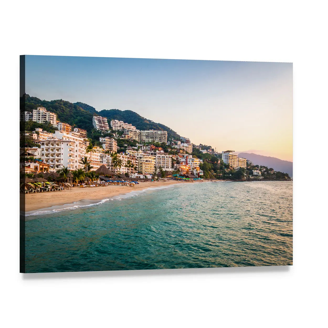Puerto Vallarta Beach and Hillside Town Canvas Wall Art, single panel gallery wrapped canvas, angled product view