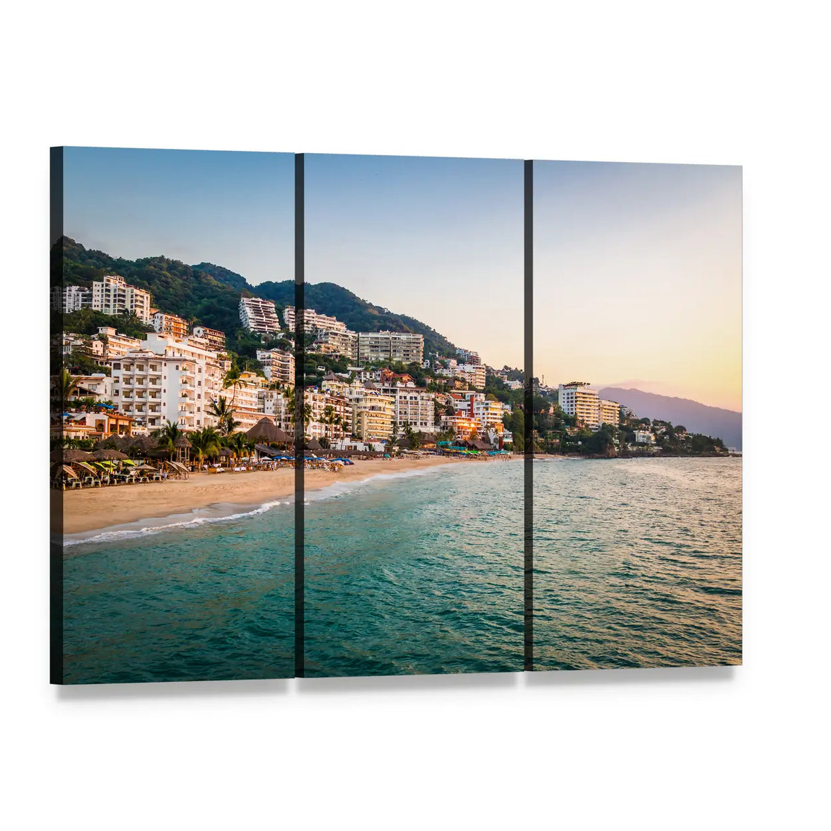 Puerto Vallarta Beach and Hillside Town Canvas Wall Art, 3 panel 3 Horizontal layout gallery wrapped canvas set, angled product view