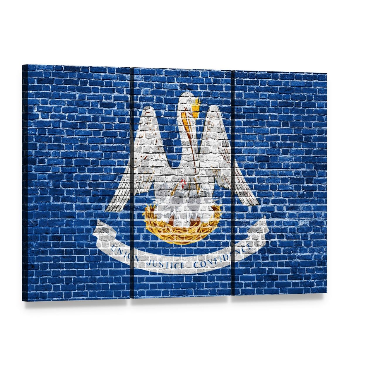 Louisiana State Flag on Blue Brick Canvas Wall Art, 3 panel 3 Horizontal layout gallery wrapped canvas set, angled product view
