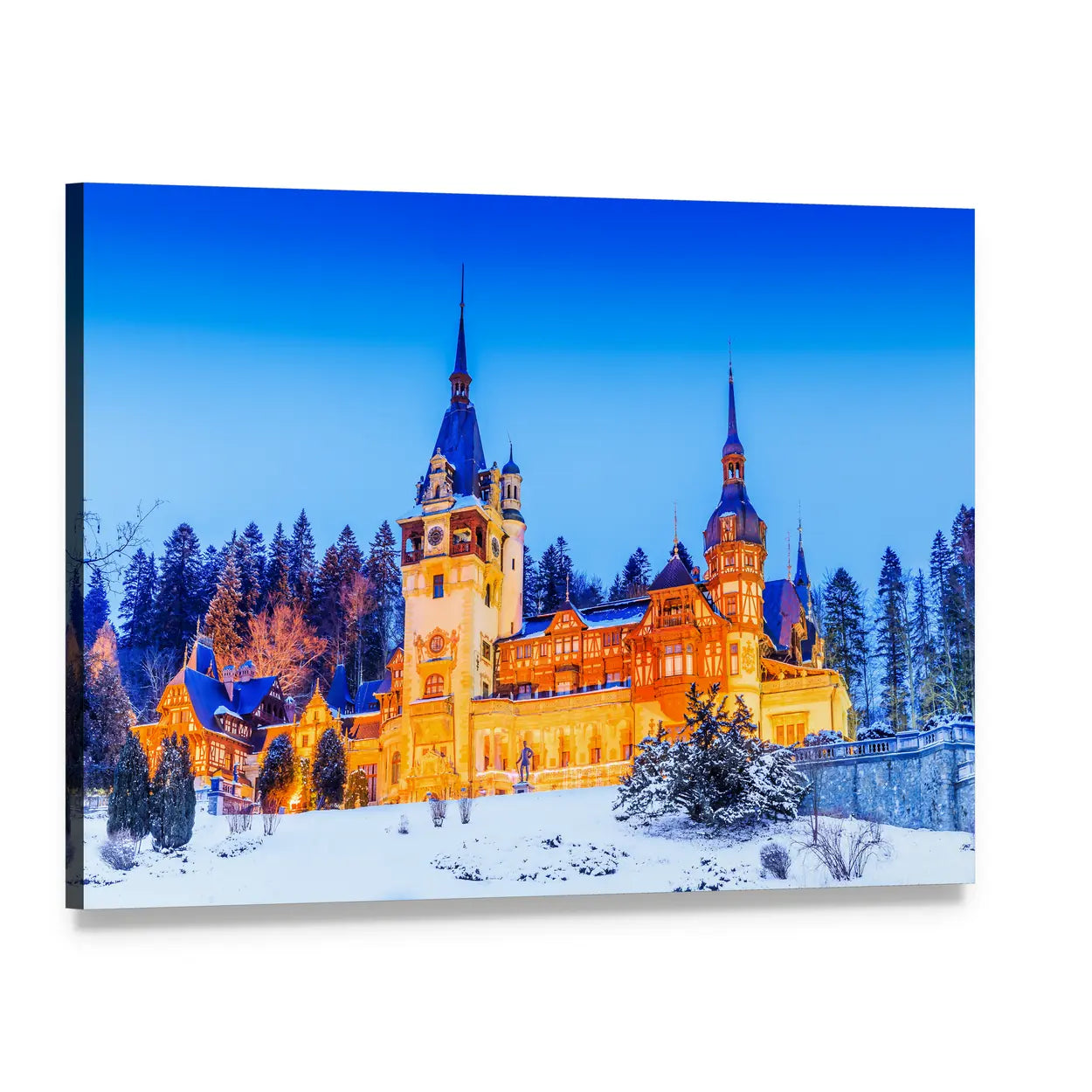 Peles Castle in Sinaia Winter Evening Canvas Wall Art, single panel gallery wrapped canvas, angled product view