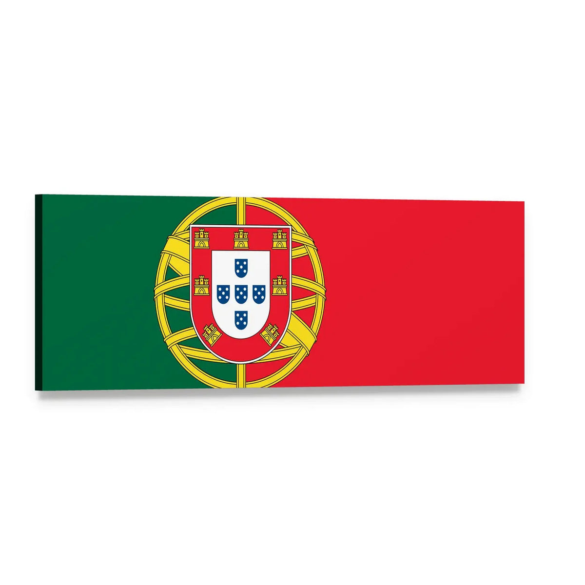 Flag of Portugal with National Emblem Panoramic Canvas Wall Art, single panel gallery wrapped canvas, angled product view