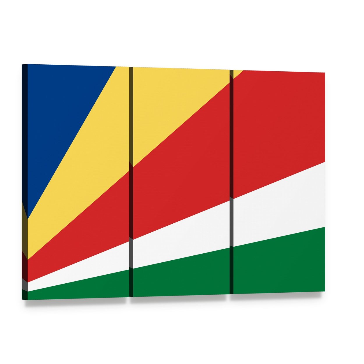 Seychelles Flag Geometric Stripes Canvas Wall Art, 3 panel 3 Horizontal layout gallery wrapped canvas set, angled product view