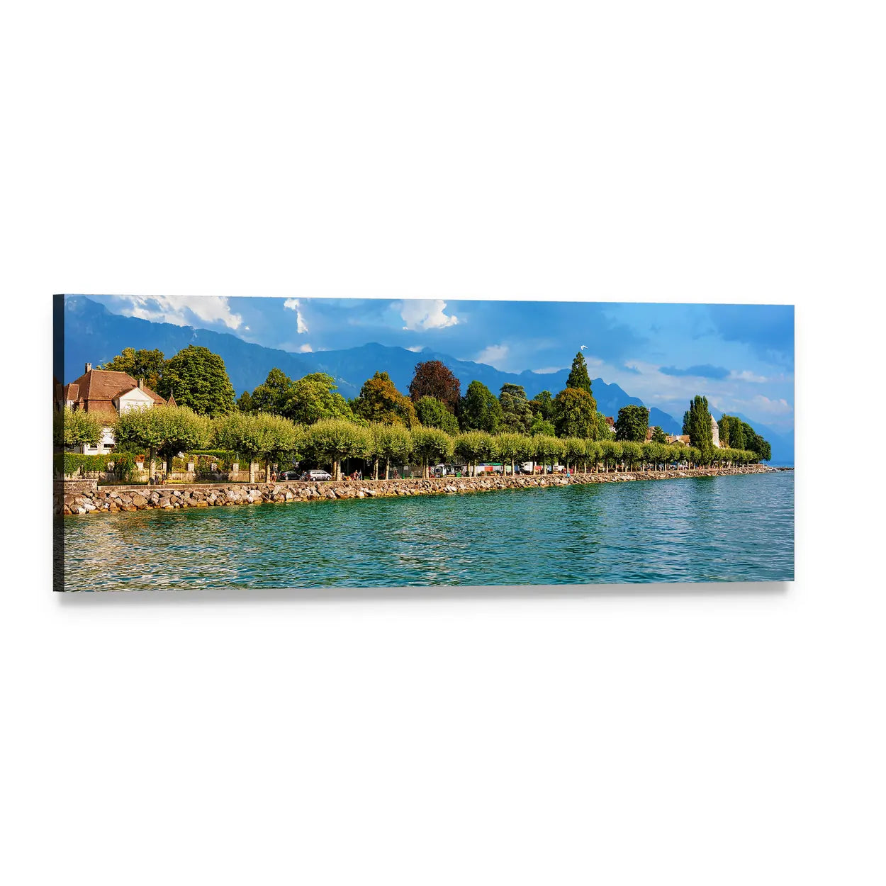 Lake Geneva View in Vevey Panoramic Canvas Wall Art, single panel gallery wrapped canvas, angled product view