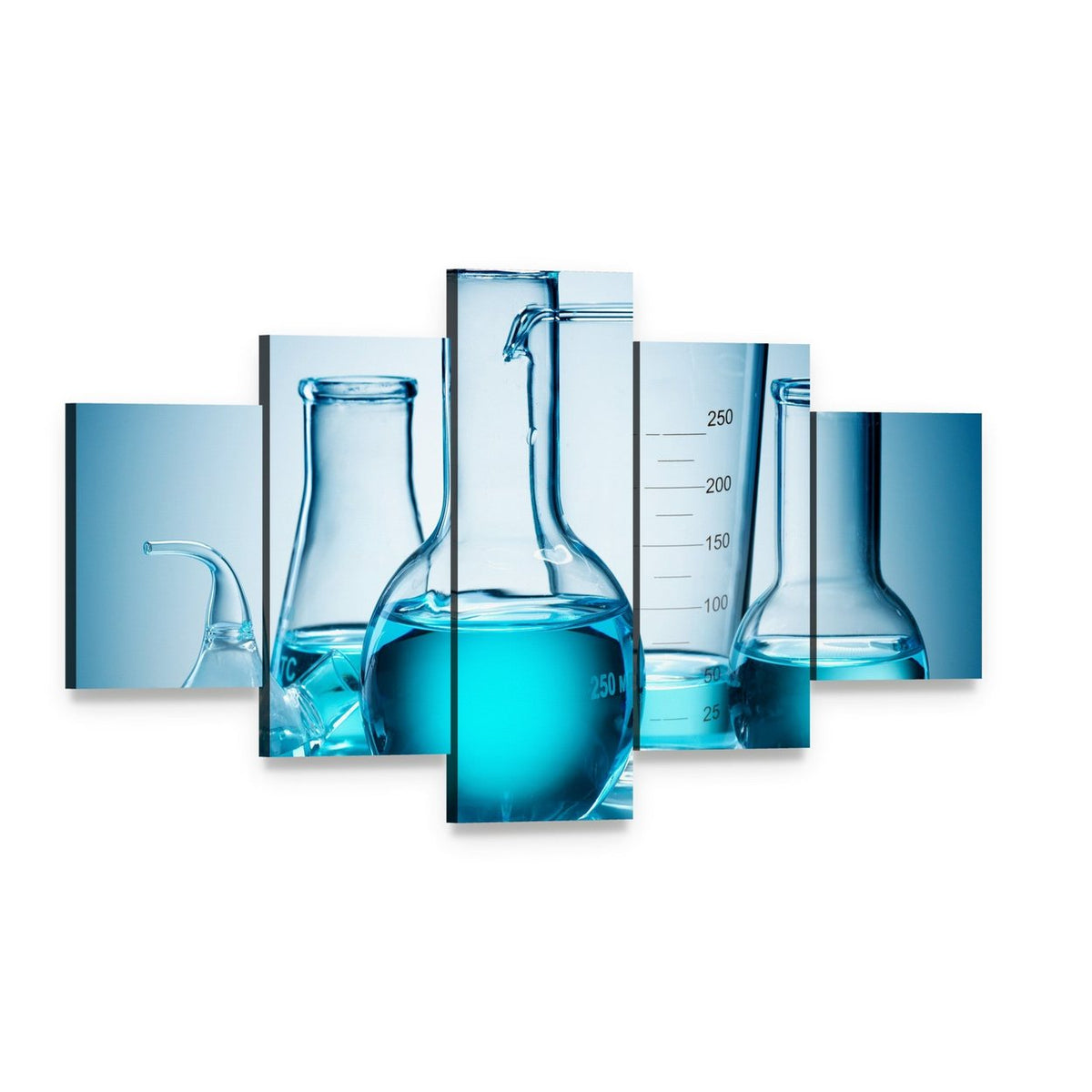 Laboratory Glassware with Blue Liquid Canvas Wall Art, 5 panel 5 Star layout gallery wrapped canvas set, angled product view