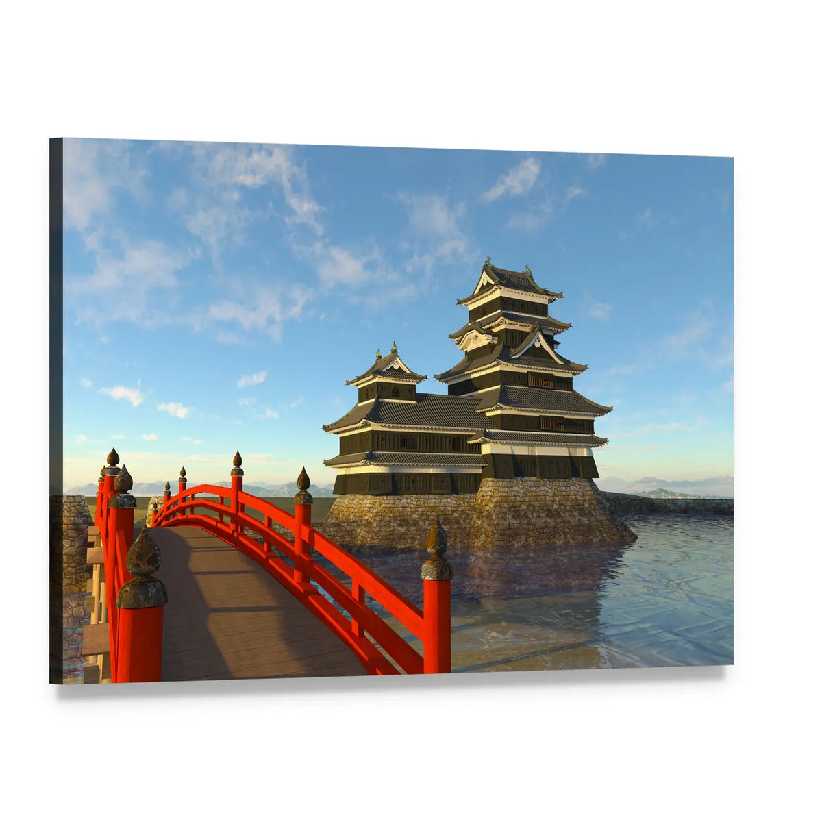 Japanese Castle with Red Arched Bridge Canvas Wall Art, single panel gallery wrapped canvas, angled product view