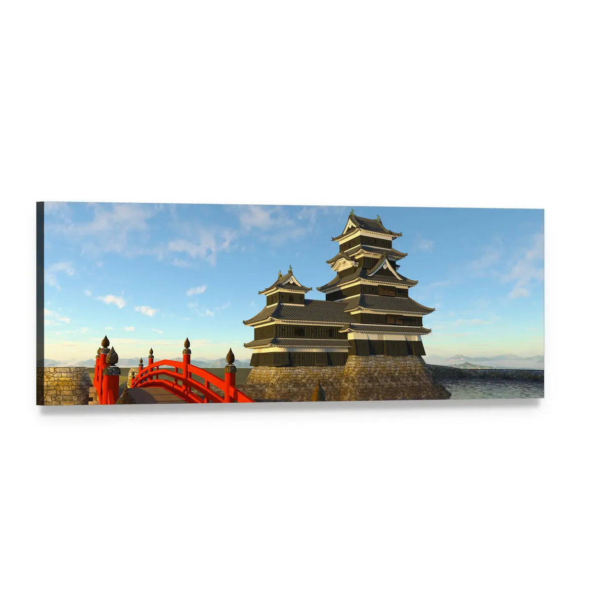 Japanese Castle with Red Arched Bridge Panoramic Canvas Wall Art, single panel gallery wrapped canvas, angled product view