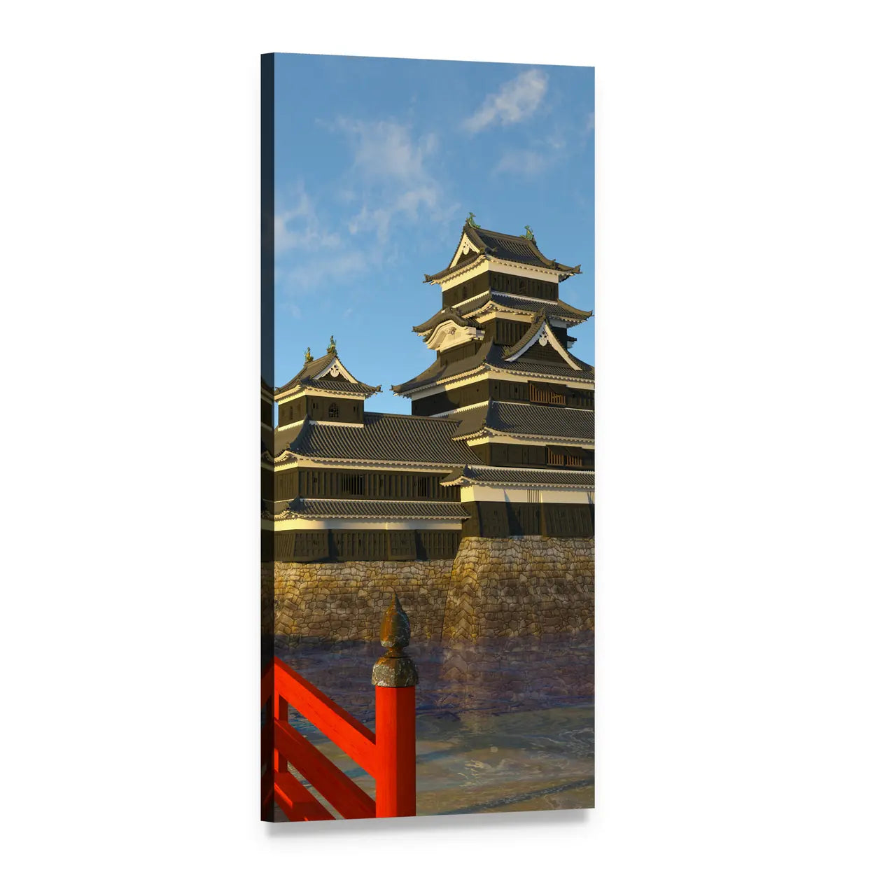 Japanese Castle by Red Bridge and Moat Vertical Canvas Wall Art, 1 panel 1 Vertical layout gallery wrapped canvas set, angled product view