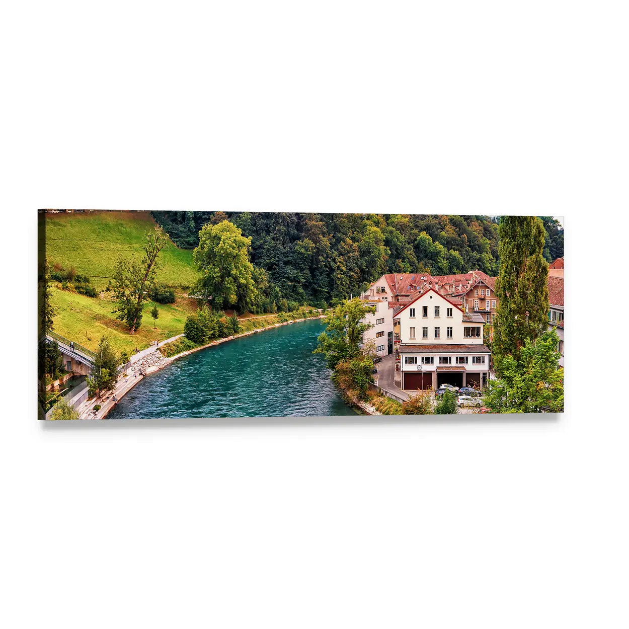 Aare River with Turquoise Water Panoramic Canvas Wall Art, single panel gallery wrapped canvas, angled product view