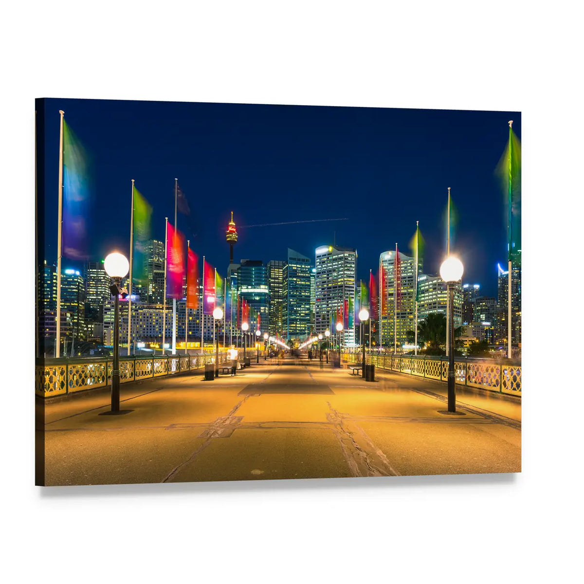 Pyrmont Bay Night Skyline with Pier Flags Canvas Wall Art, single panel gallery wrapped canvas, angled product view
