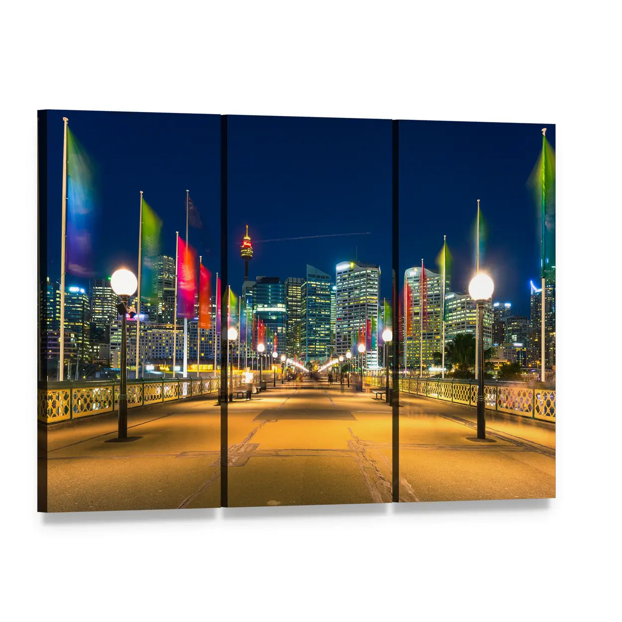 Pyrmont Bay Night Skyline with Pier Flags Canvas Wall Art, 3 panel 3 Horizontal layout gallery wrapped canvas set, angled product view