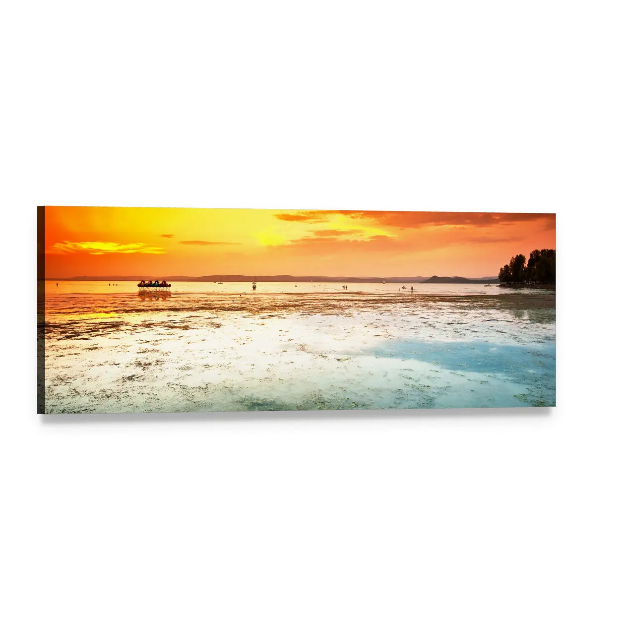 Sunset Over Beach with Silhouetted Boat Panoramic Canvas Wall Art, single panel gallery wrapped canvas, angled product view
