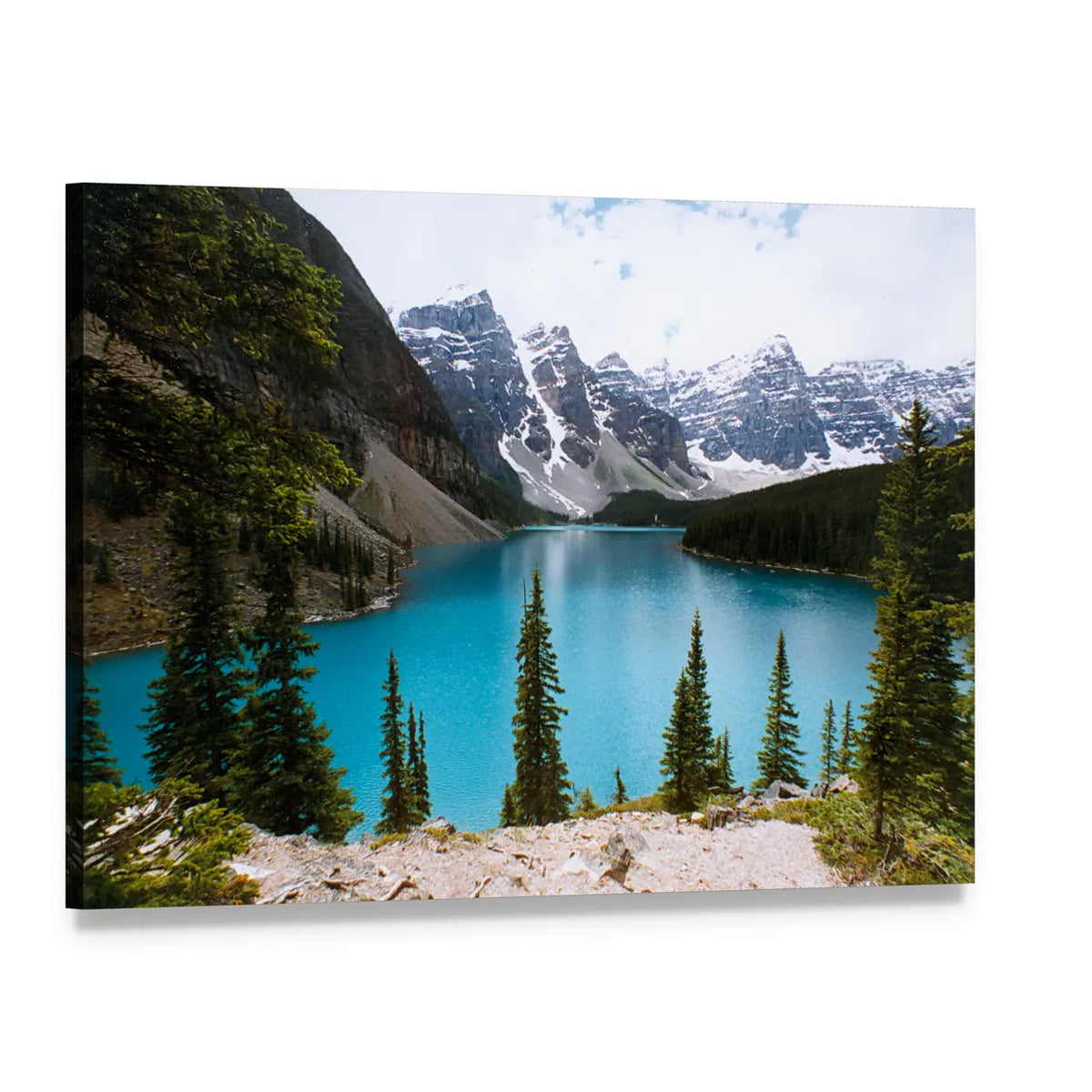 Moraine Lake Turquoise Mountain Landscape Canvas Wall Art, single panel gallery wrapped canvas, angled product view