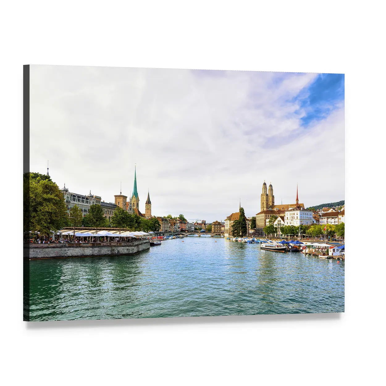 Limmat River Quay with Docked Boats Canvas Wall Art, single panel gallery wrapped canvas, angled product view