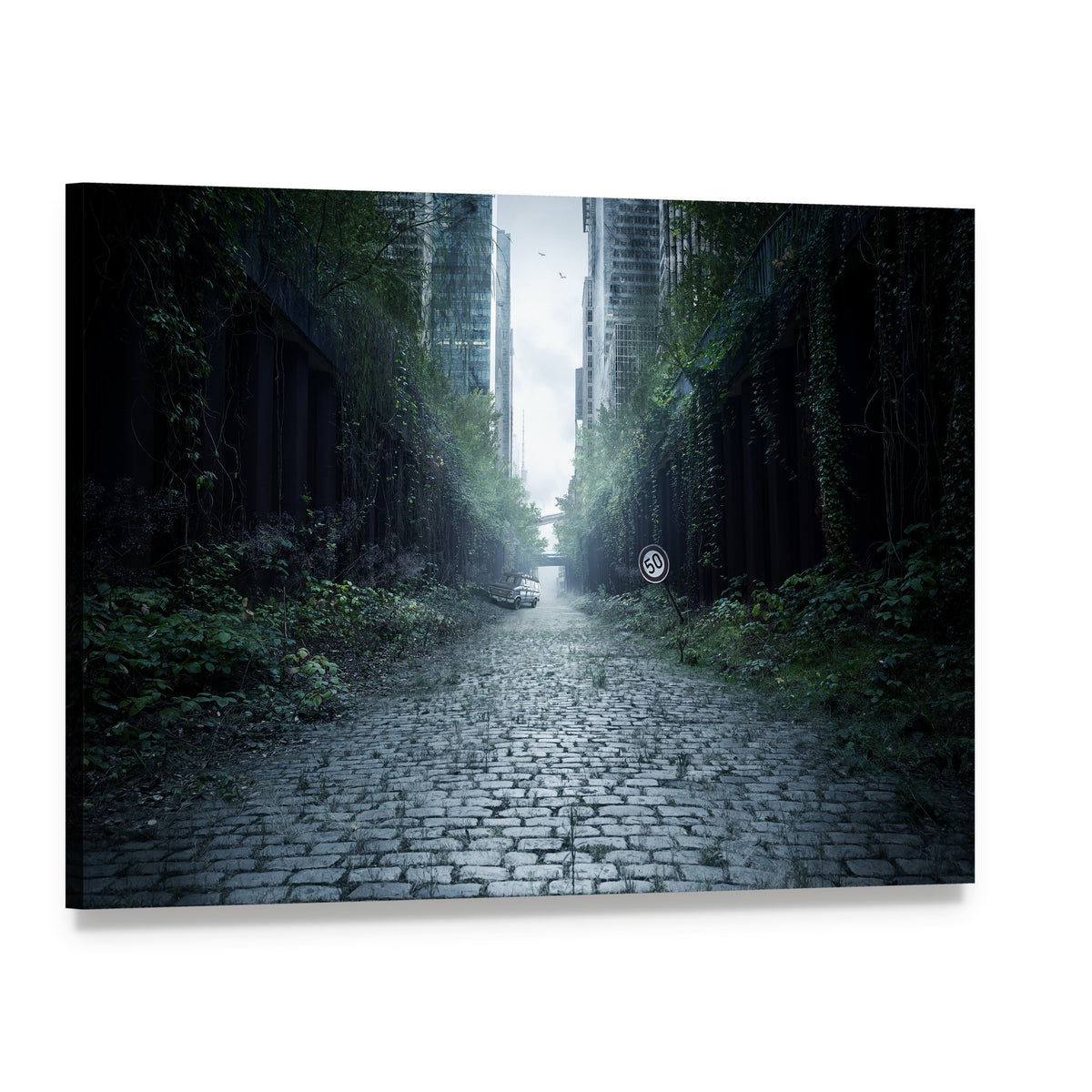 Foggy Cobblestone Street with Overgrown Buildings Canvas Wall Art, single panel gallery wrapped canvas, angled product view