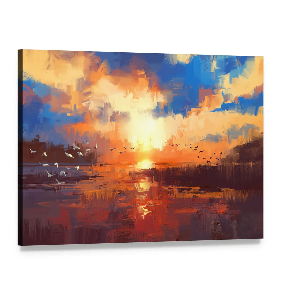 Golden Sunset Over Lake with Birds Canvas Wall Art, single panel gallery wrapped canvas, angled product view