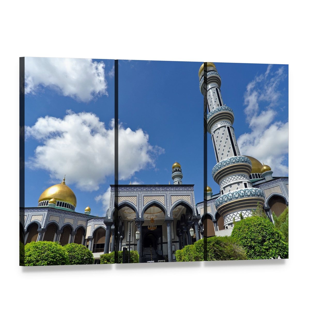 Jame Asr Mosque with Golden Domes Canvas Wall Art, 3 panel 3 Horizontal layout gallery wrapped canvas set, angled product view