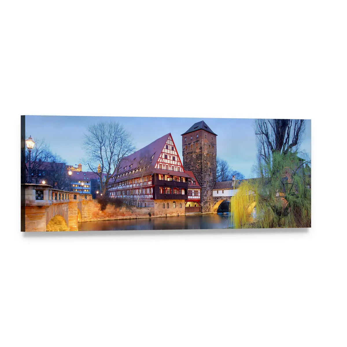 Medieval German Town at Dusk Panoramic Canvas Wall Art, single panel gallery wrapped canvas, angled product view