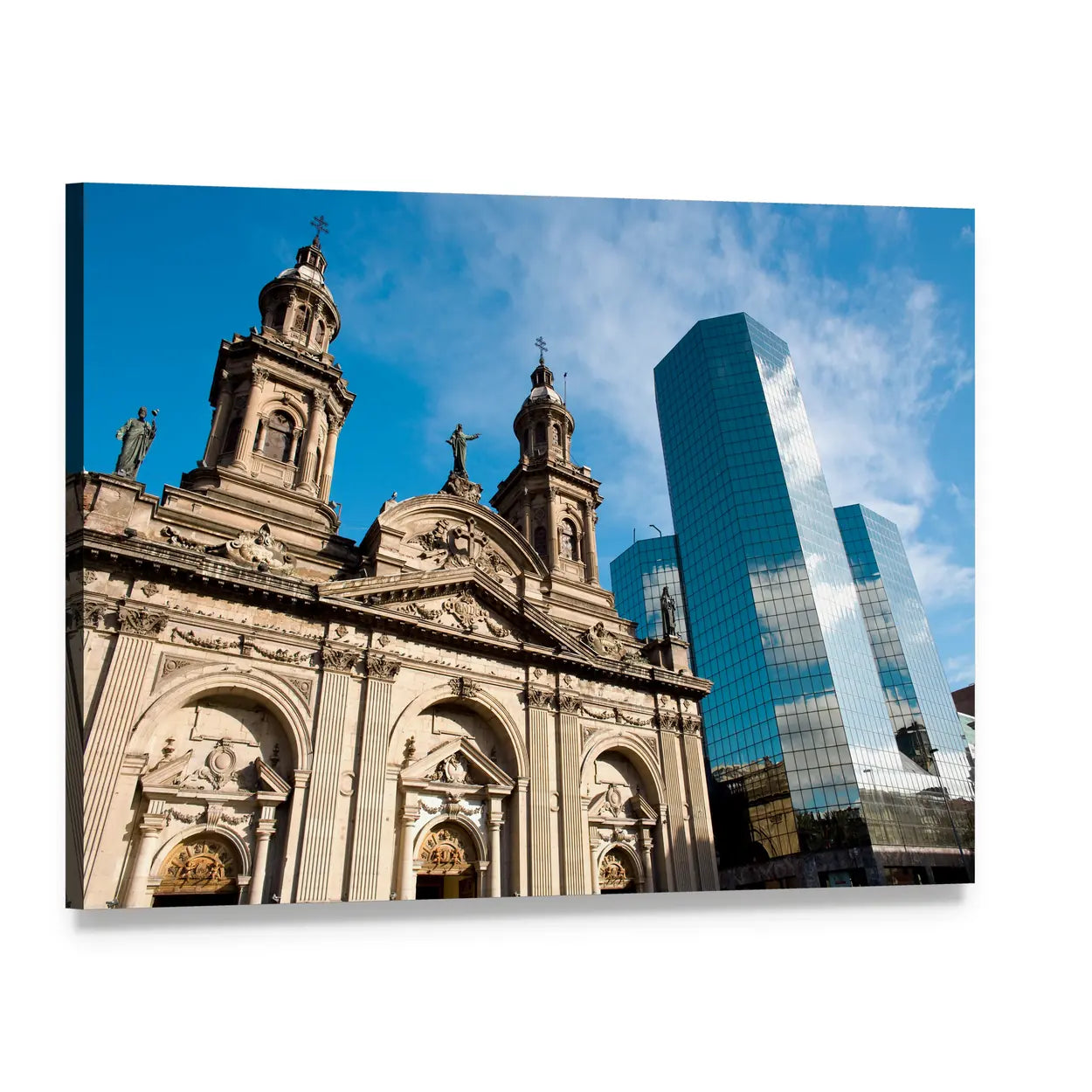 Santiago Metropolitan Cathedral and Glass Skyscraper Canvas Wall Art, single panel gallery wrapped canvas, angled product view