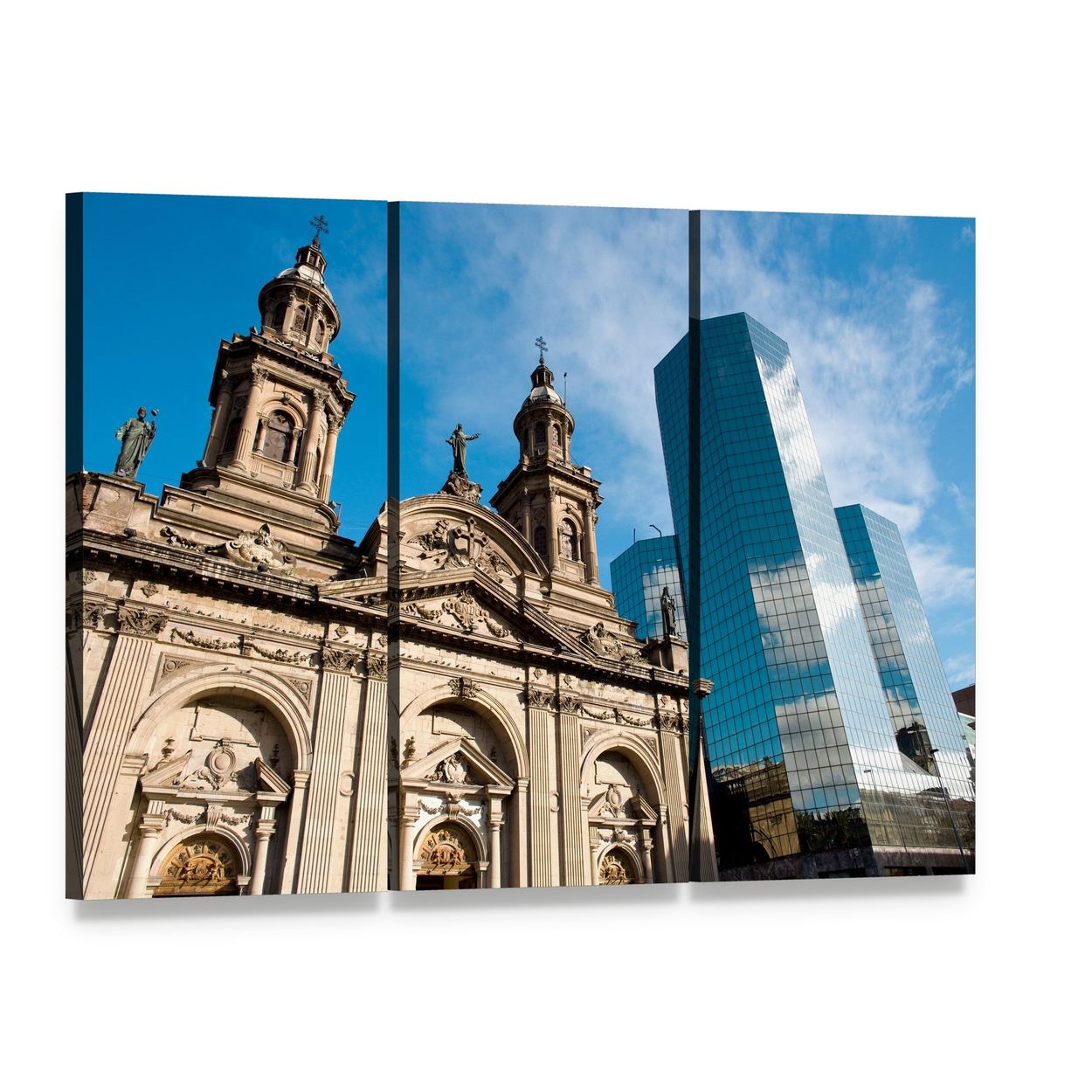 Metropolitan Cathedral and Glass Skyscraper Canvas Wall Art, 3 panel 3 Horizontal layout gallery wrapped canvas set, angled product view