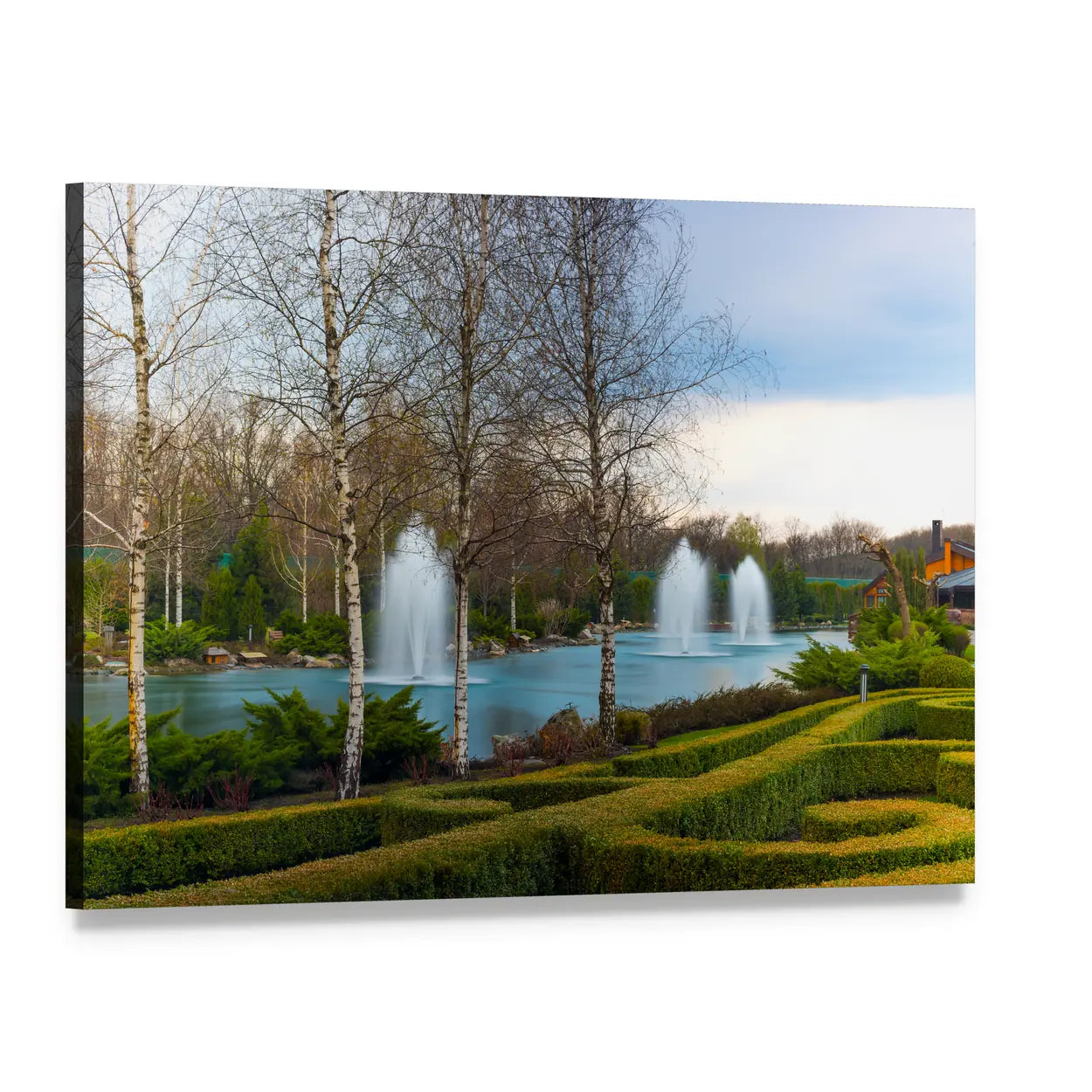 Garden Park with Three White Fountains Canvas Wall Art, single panel gallery wrapped canvas, angled product view