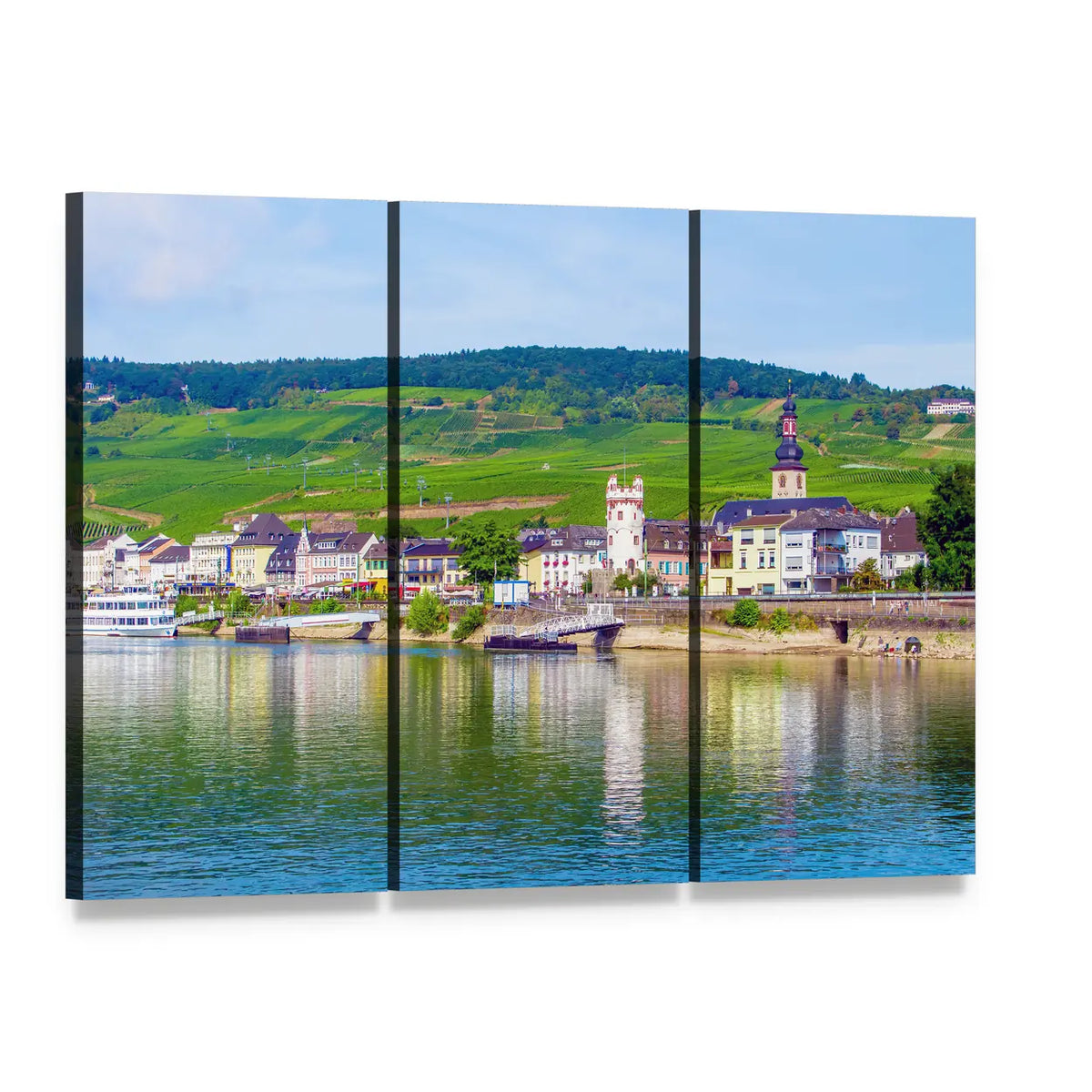 Rudesheim Am Rhein Riverfront Vineyards Canvas Wall Art, 3 panel 3 Horizontal layout gallery wrapped canvas set, angled product view