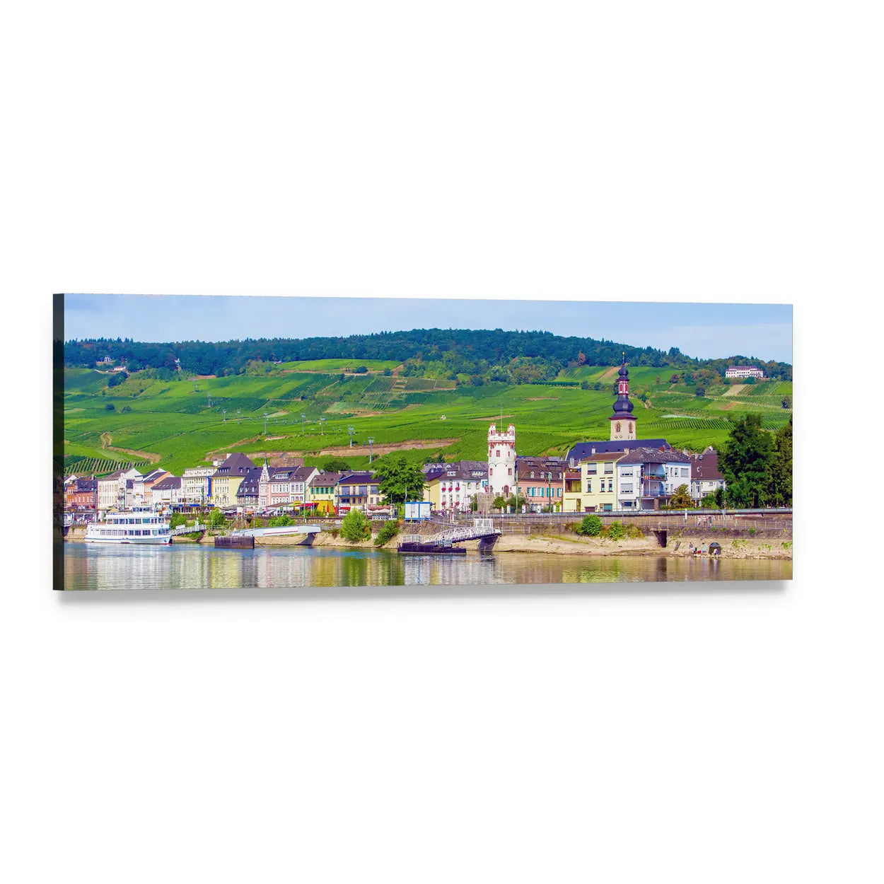Rudesheim Am Rhein Riverside with Vineyards Panoramic Canvas Wall Art, single panel gallery wrapped canvas, angled product view