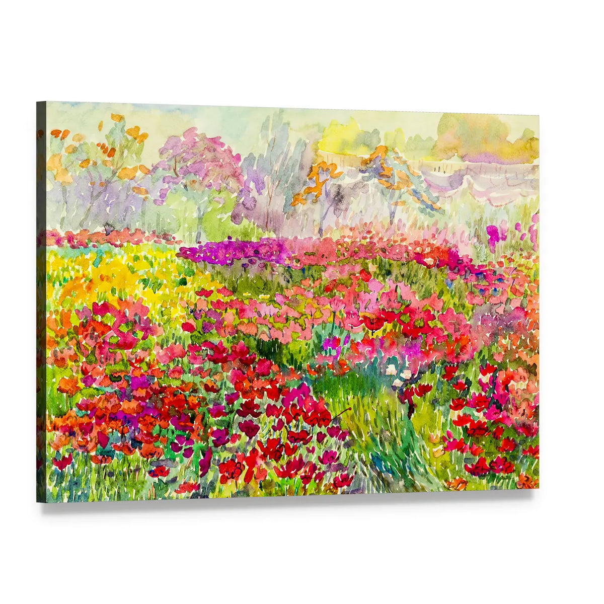 Watercolor Poppy Field in Spring Canvas Wall Art, single panel gallery wrapped canvas, angled product view