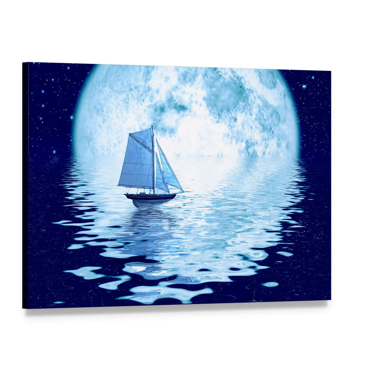 Sailing Ship Under Full Moon Canvas Wall Art, single panel gallery wrapped canvas, angled product view