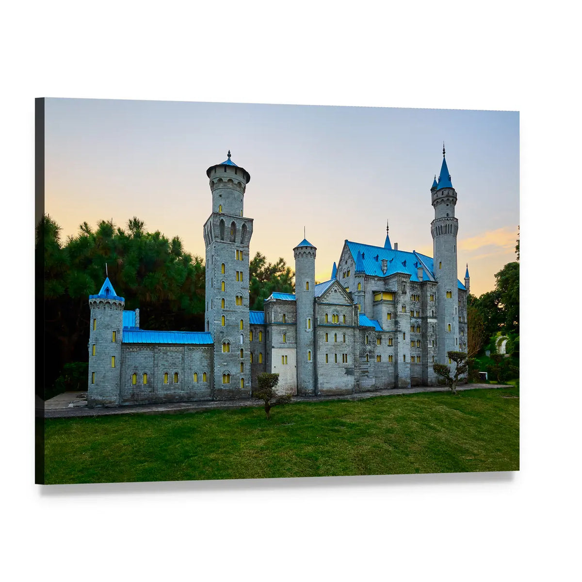Swan Stone Castle at Twilight Canvas Wall Art, single panel gallery wrapped canvas, angled product view