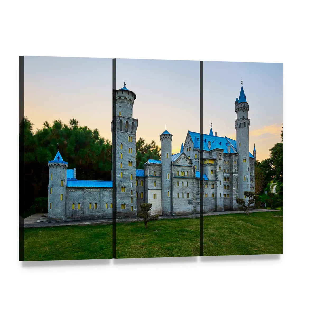 Swan Stone Castle at Twilight Canvas Wall Art, 3 panel 3 Horizontal layout gallery wrapped canvas set, angled product view