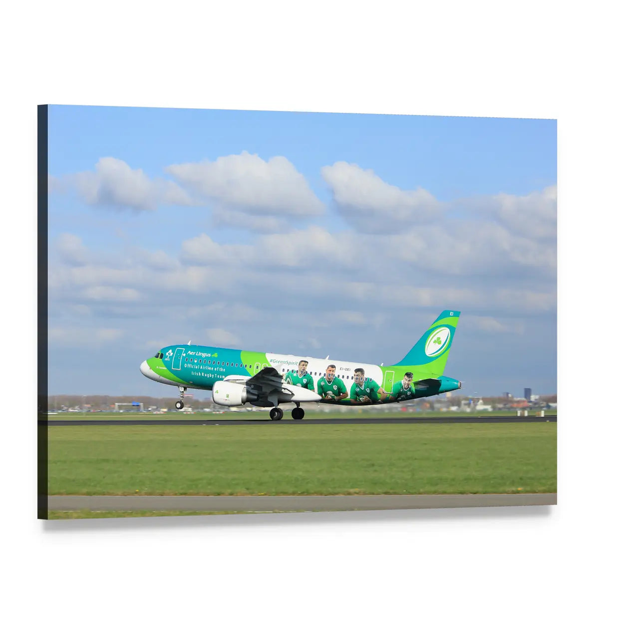 Airbus Landing on Runway Canvas Wall Art, single panel gallery wrapped canvas, angled product view