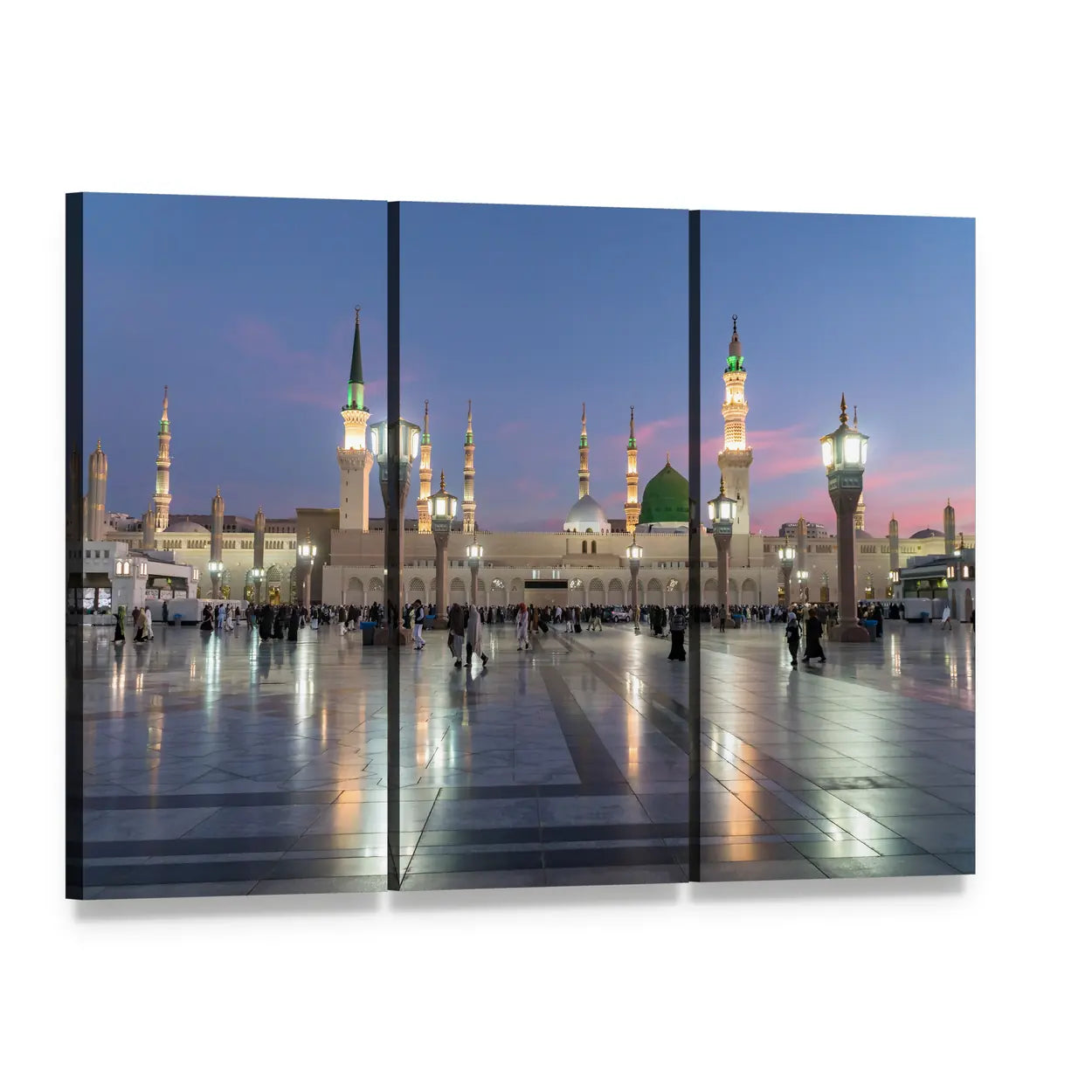 Prophet's Mosque in Medina at Dusk Canvas Wall Art, 3 panel 3 Horizontal layout gallery wrapped canvas set, angled product view