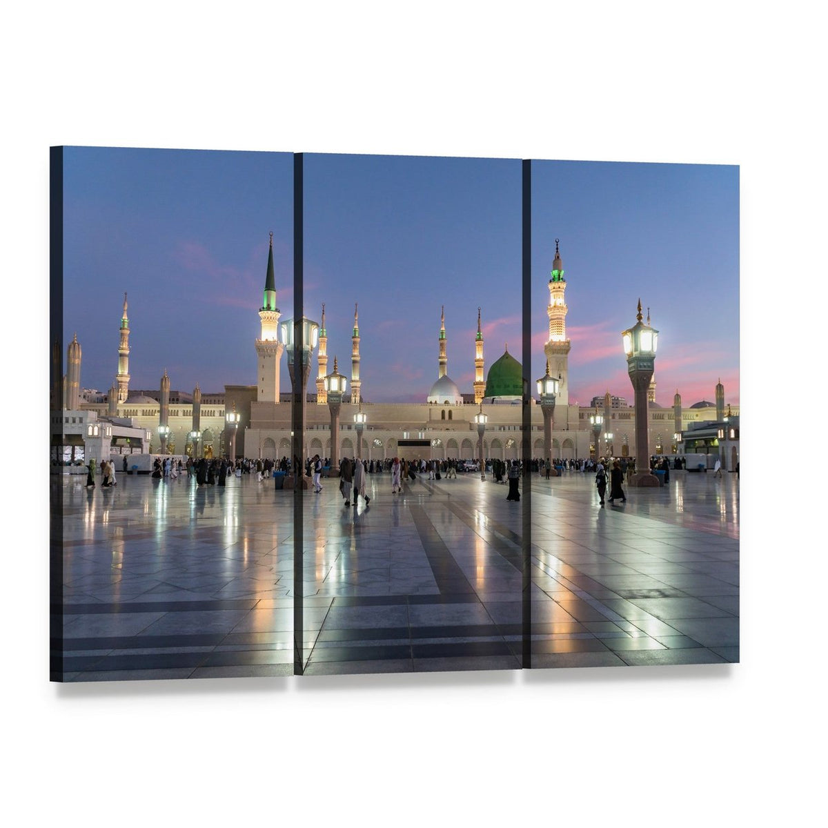 Prophet's Mosque Medina at Twilight Canvas Wall Art, 3 panel 3 Horizontal layout gallery wrapped canvas set, angled product view