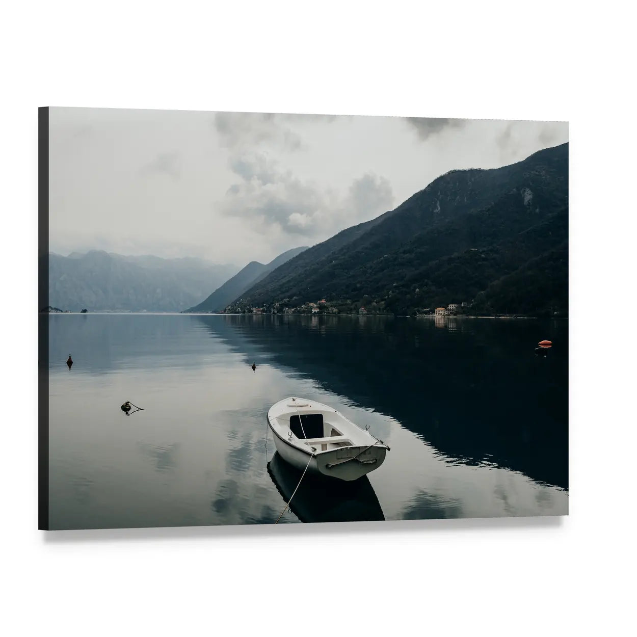 Boat on Bay of Kotor Canvas Wall Art, single panel gallery wrapped canvas, angled product view