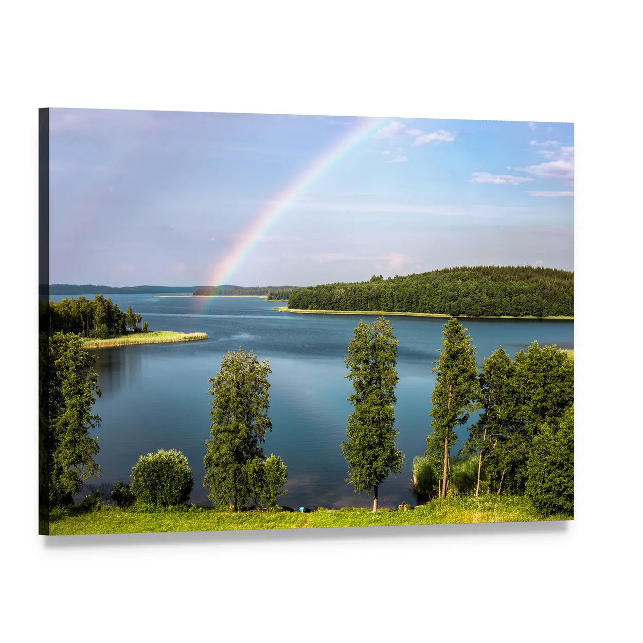 Summer Rainbow Over Serene Lake Canvas Wall Art, single panel gallery wrapped canvas, angled product view